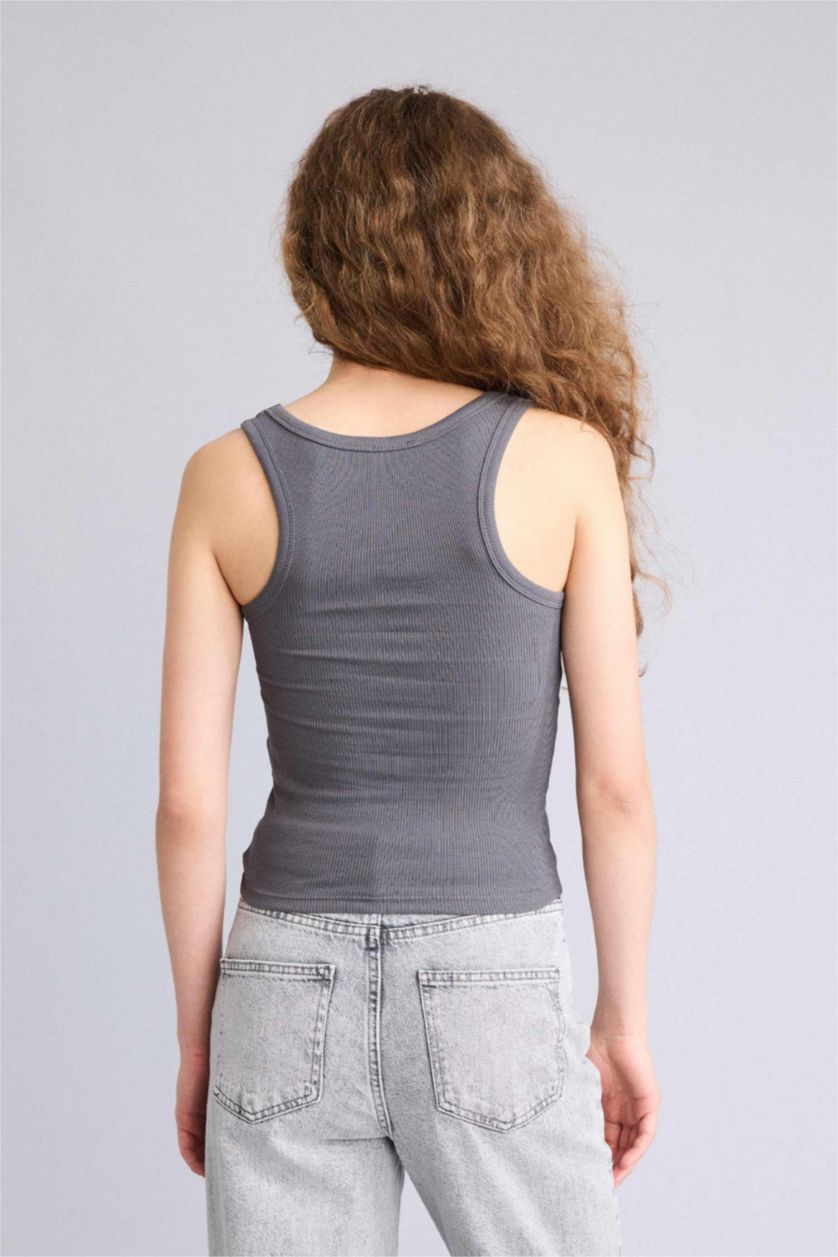 Woman Anthracite Slim Fit Camisole U Collar Tank Top