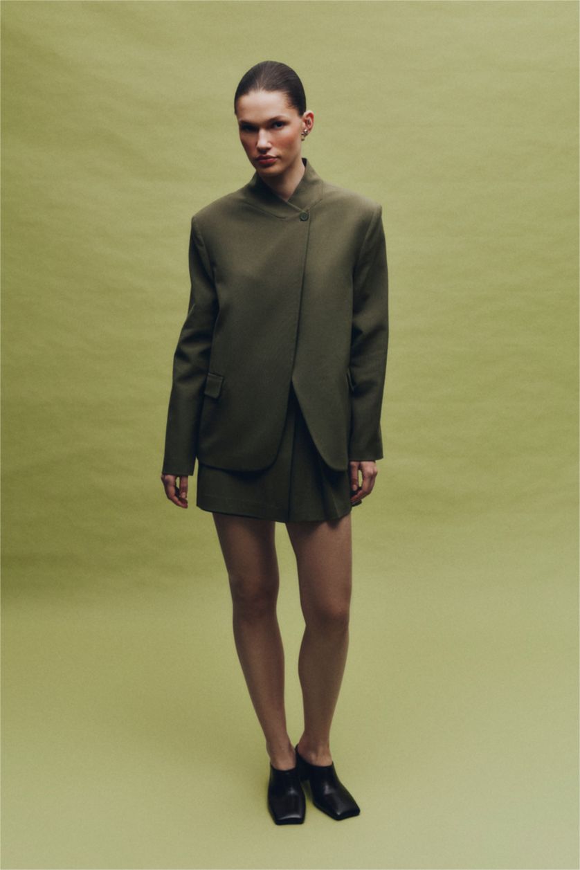 Woman Khaki Oversize Fit Grandad Collar Blazer