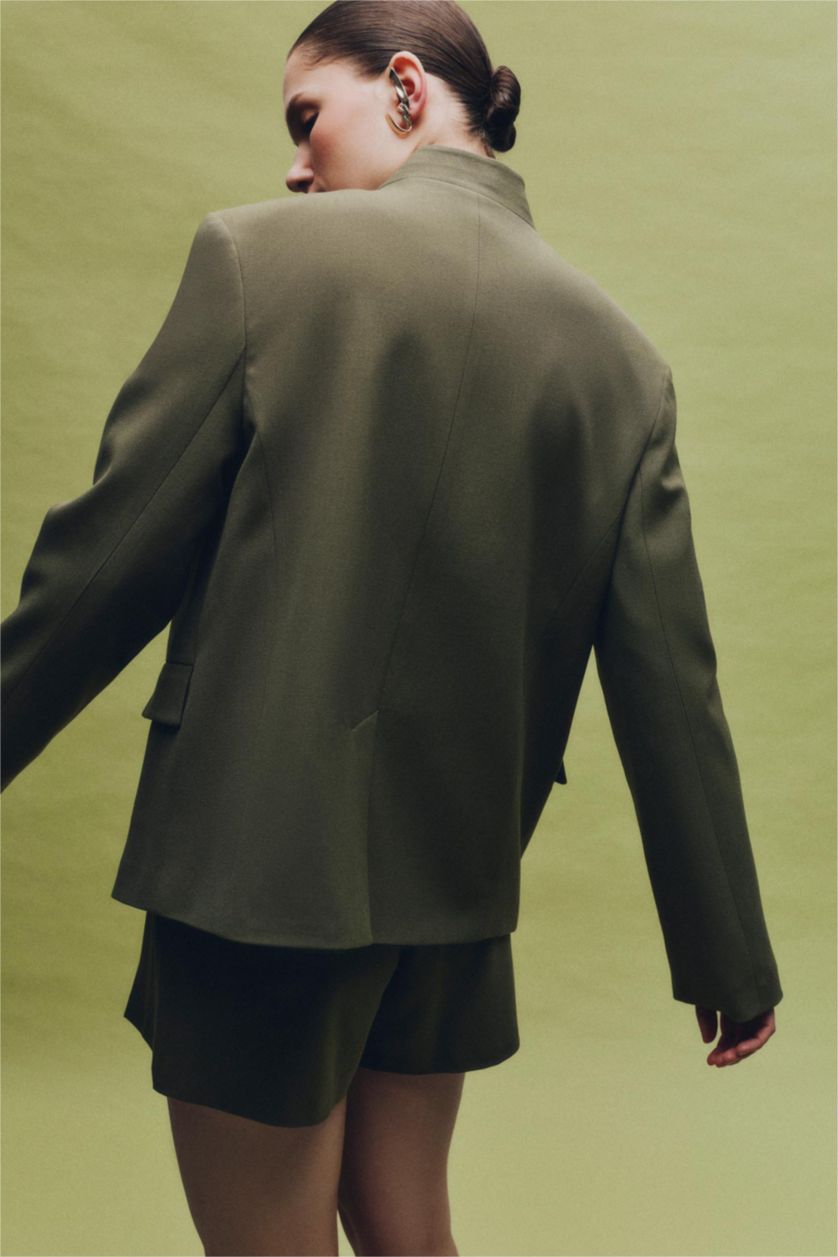 Woman Khaki Oversize Fit Grandad Collar Blazer