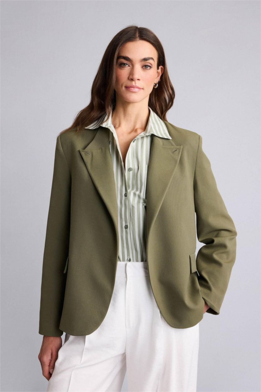 Woman Khaki Oversize Fit Grandad Collar Blazer