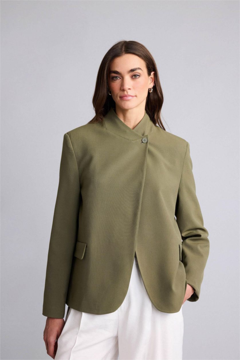 Woman Khaki Oversize Fit Grandad Collar Blazer