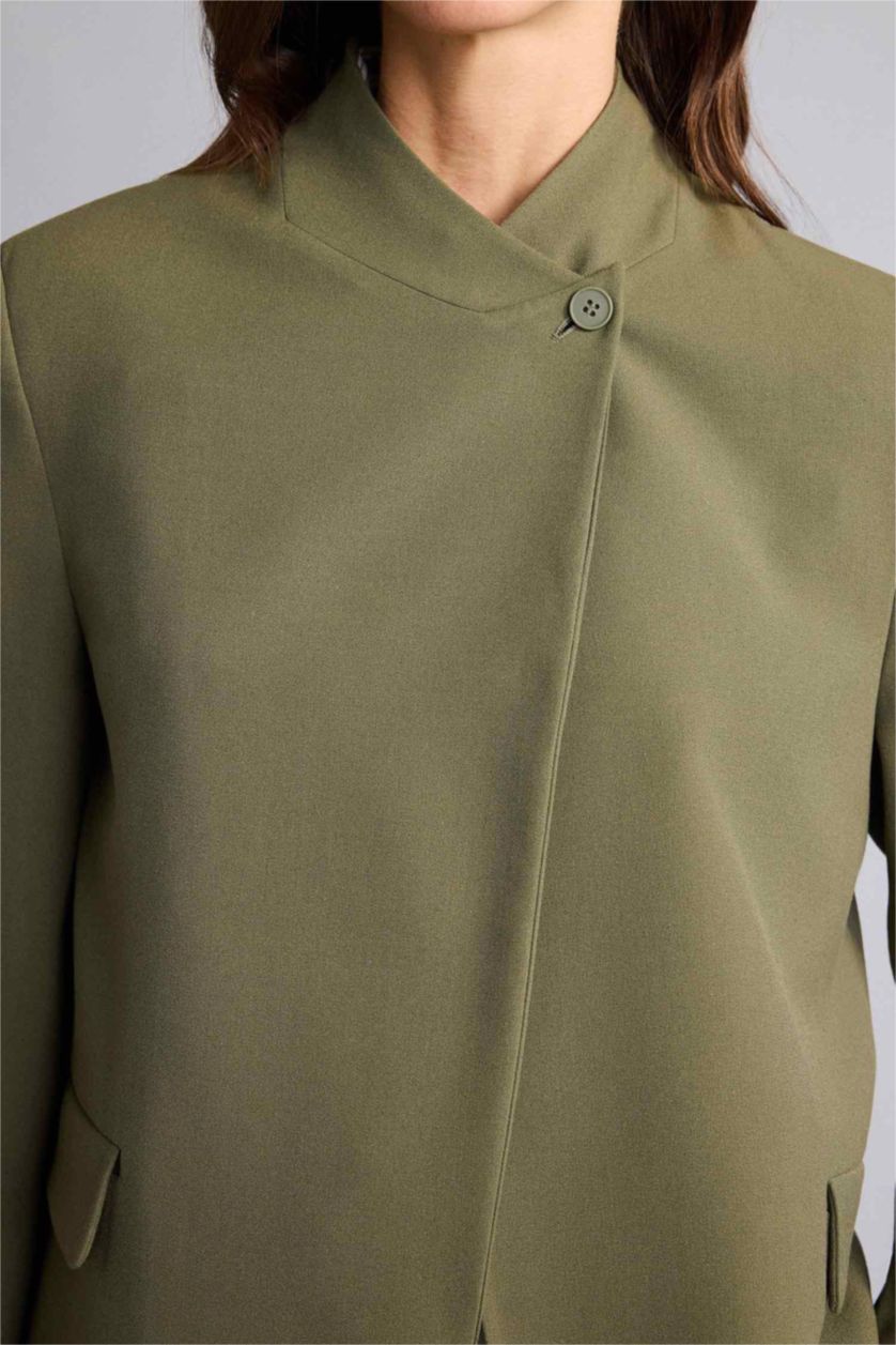 Woman Khaki Oversize Fit Grandad Collar Blazer