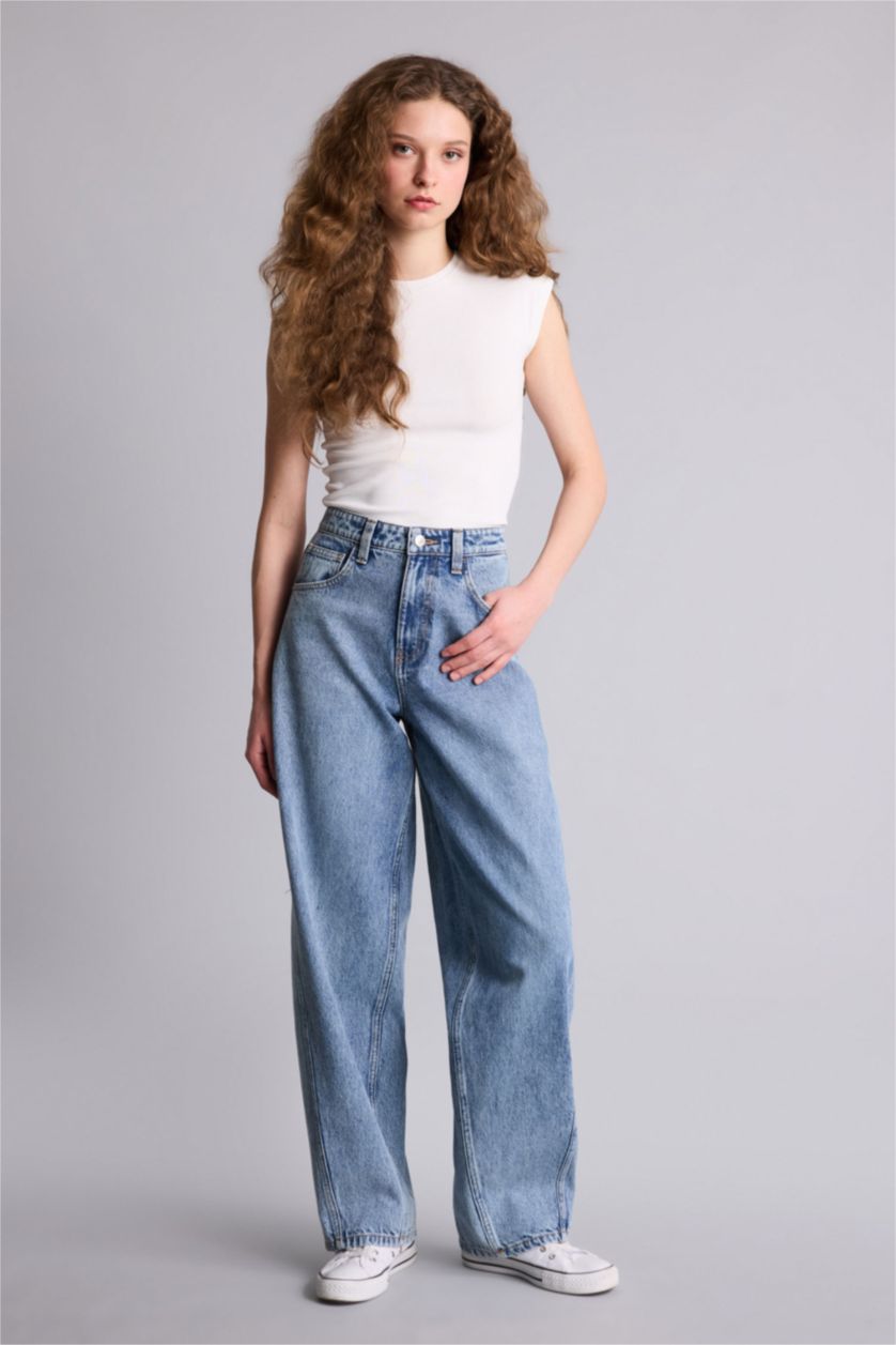 WOMAN Blue Baggy Fit High Waist Straight Leg Jeans