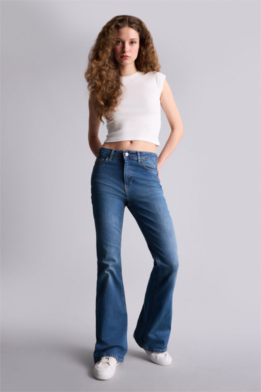 Kadın Mavi Mia Flare Fıt Yüksek Bel Uzun Jean Yıkamalı Pantolon