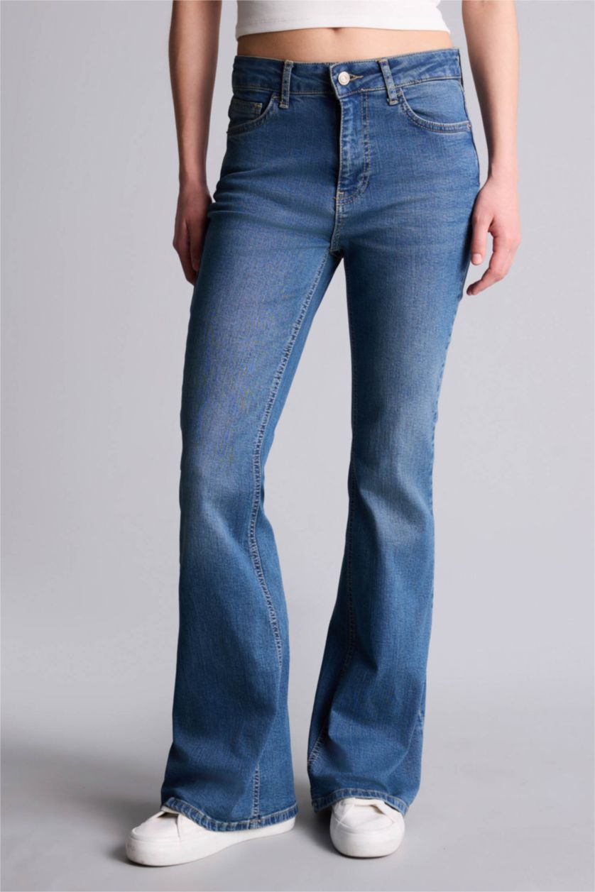 Kadın Mavi Mia Flare Fıt Yüksek Bel Uzun Jean Yıkamalı Pantolon