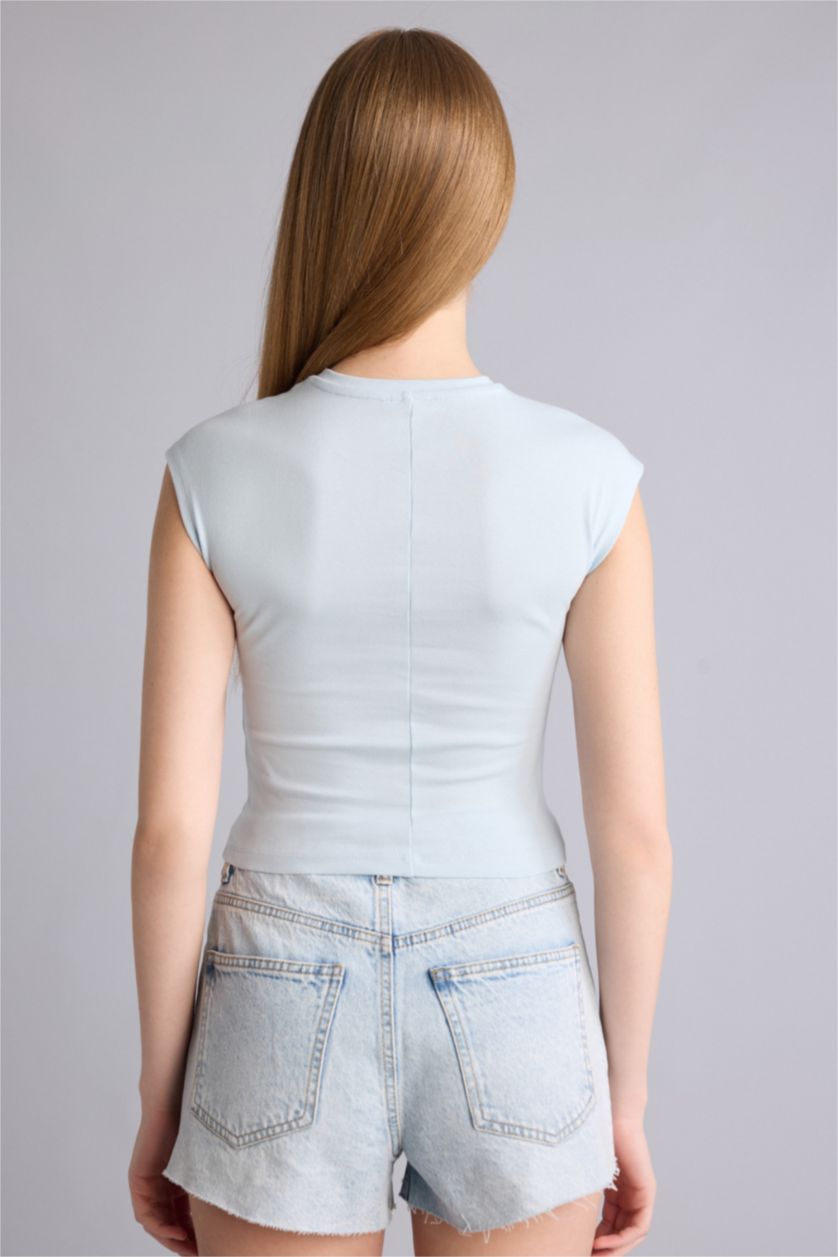 Kadın Açık Mavi Fıtted Bisiklet Yaka Ribana Kısa Kollu Tişört