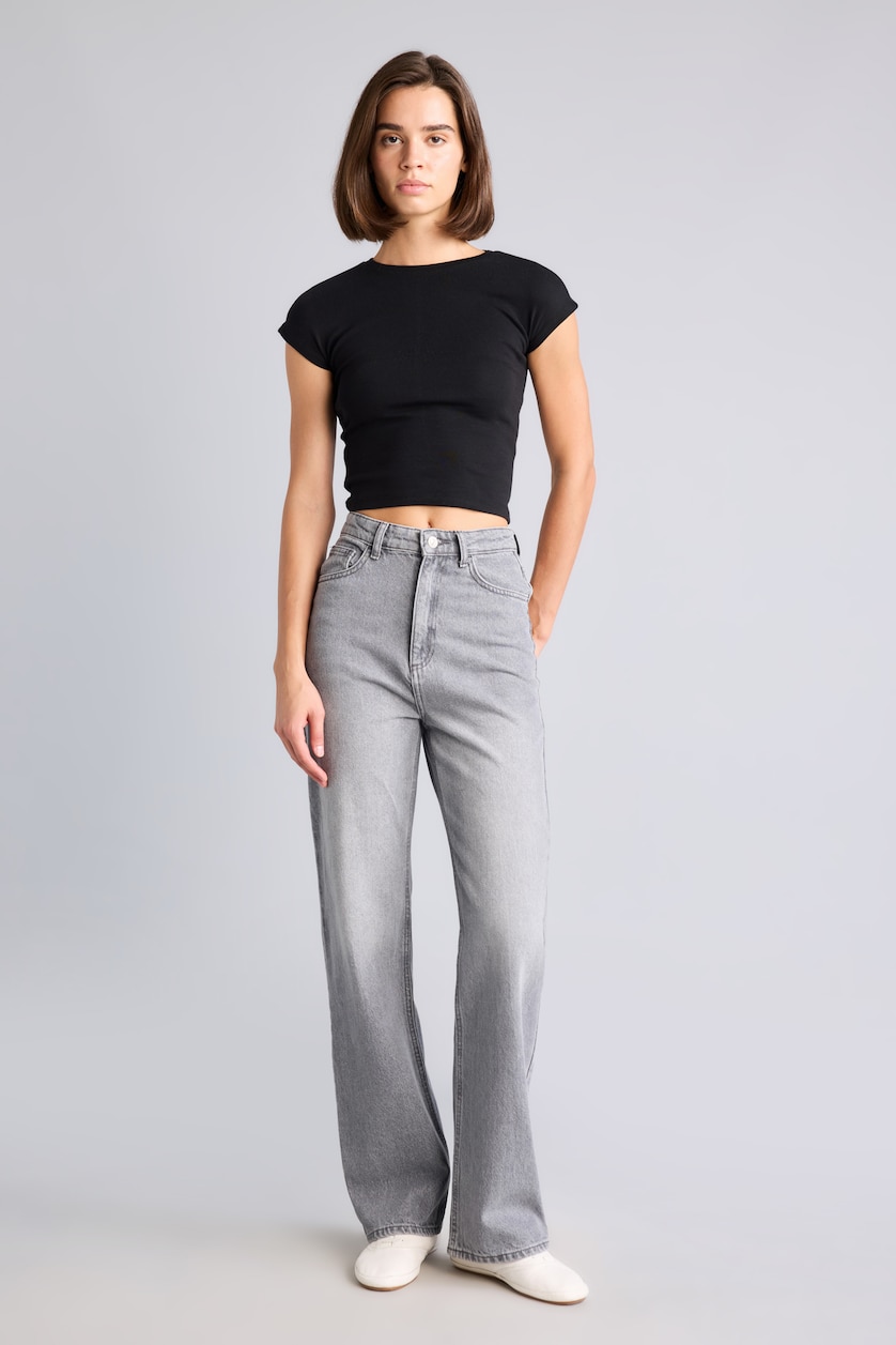 Women Black Slim Fit Ribana Short Sleeve T-Shirt