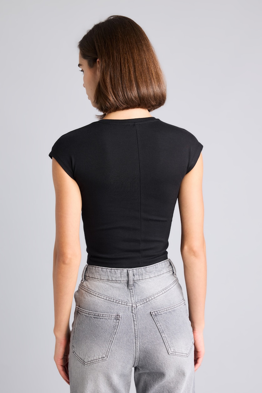 Women Black Slim Fit Ribana Short Sleeve T-Shirt