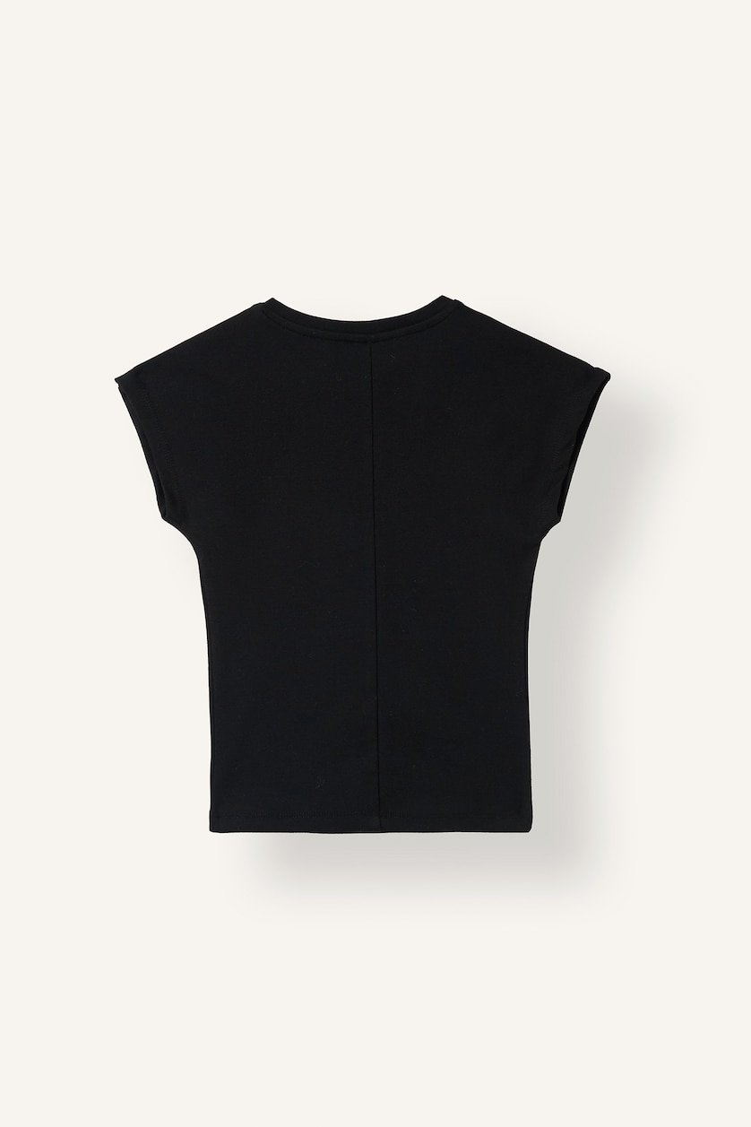 Women Black Slim Fit Ribana Short Sleeve T-Shirt