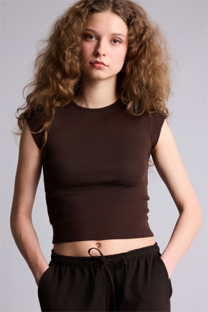 Kadın Kahve Fıtted Ribana Tişört