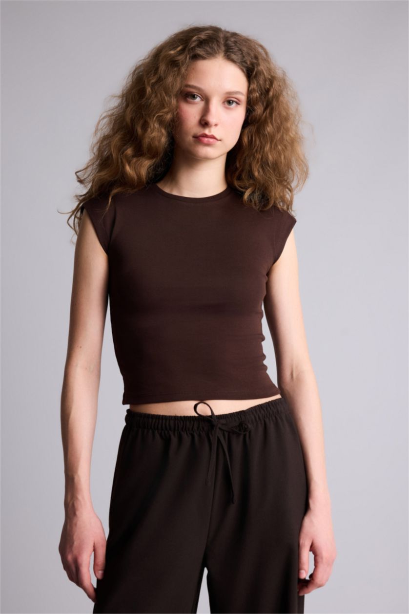 Kadın Kahve Fıtted Ribana Tişört