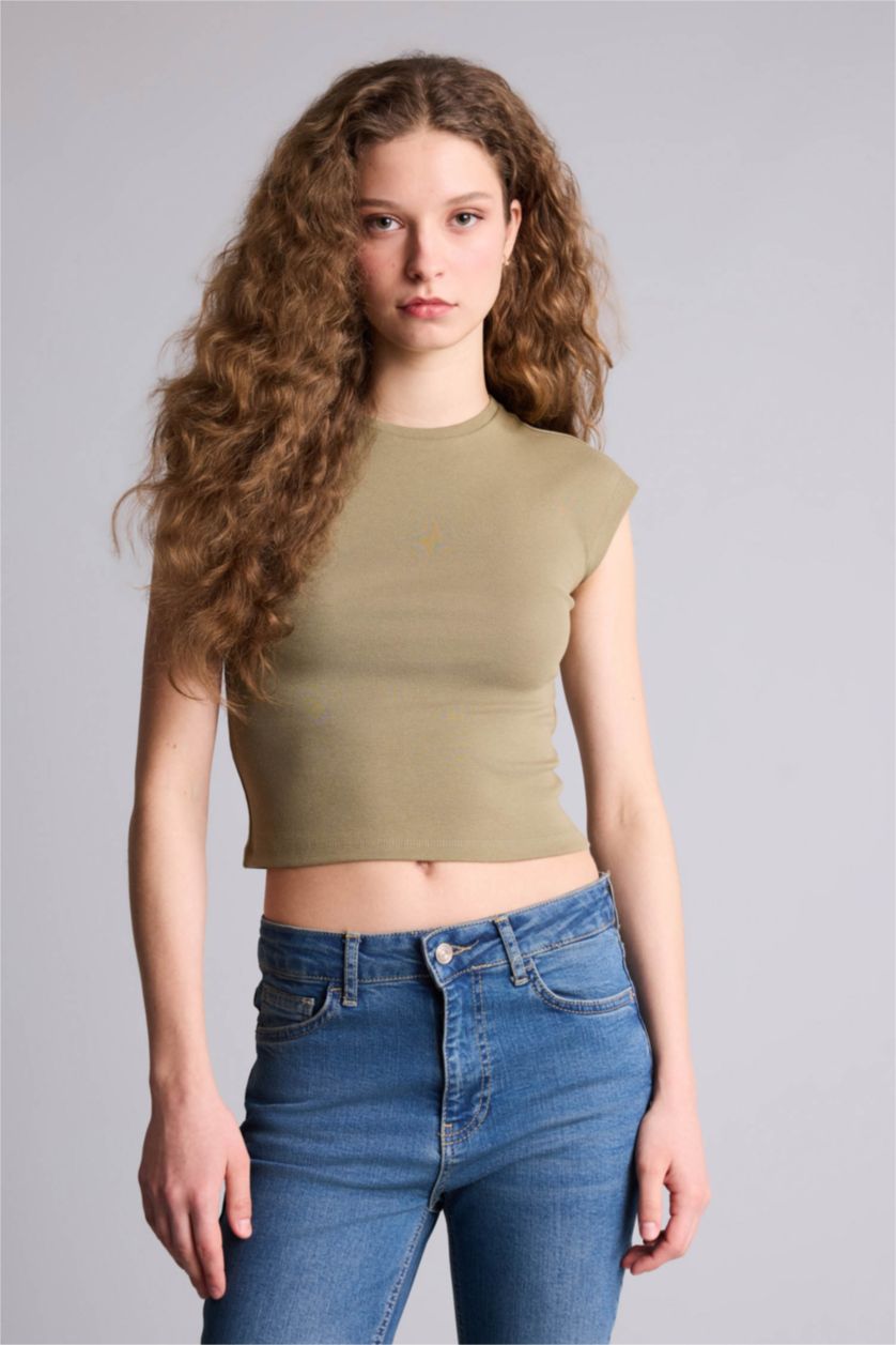 Kadın Açık Haki Fıtted Ribana Tişört