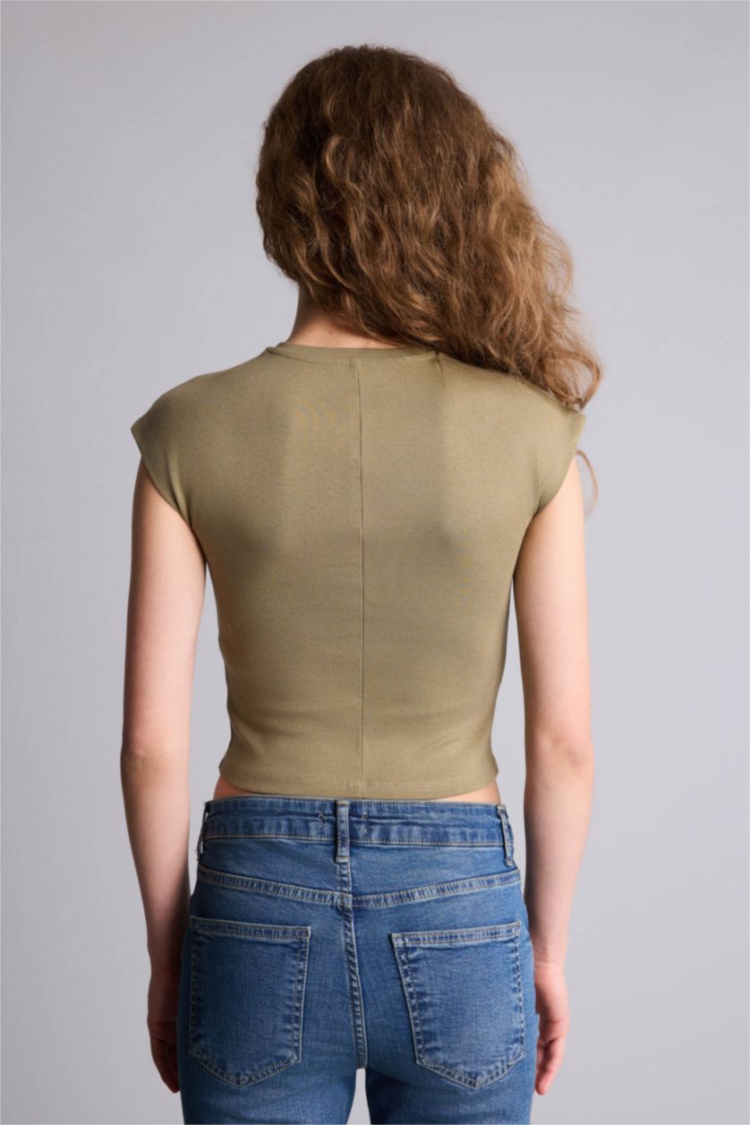 Kadın Açık Haki Fıtted Ribana Tişört