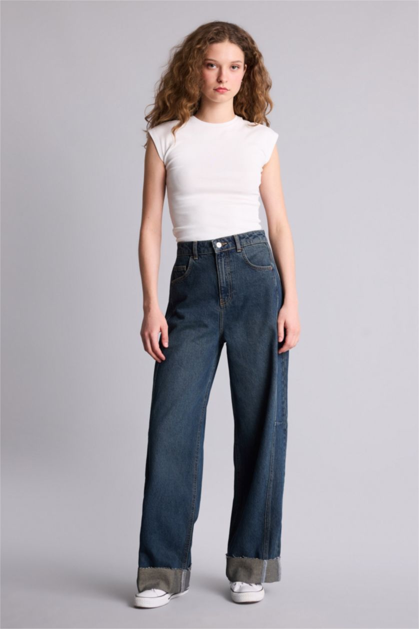 حريمي أزرق بنطلون جينز باريل فيت بحافة مطوية وخصر عالي