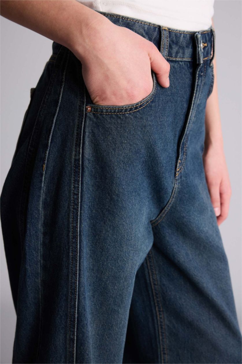 حريمي أزرق بنطلون جينز باريل فيت بحافة مطوية وخصر عالي