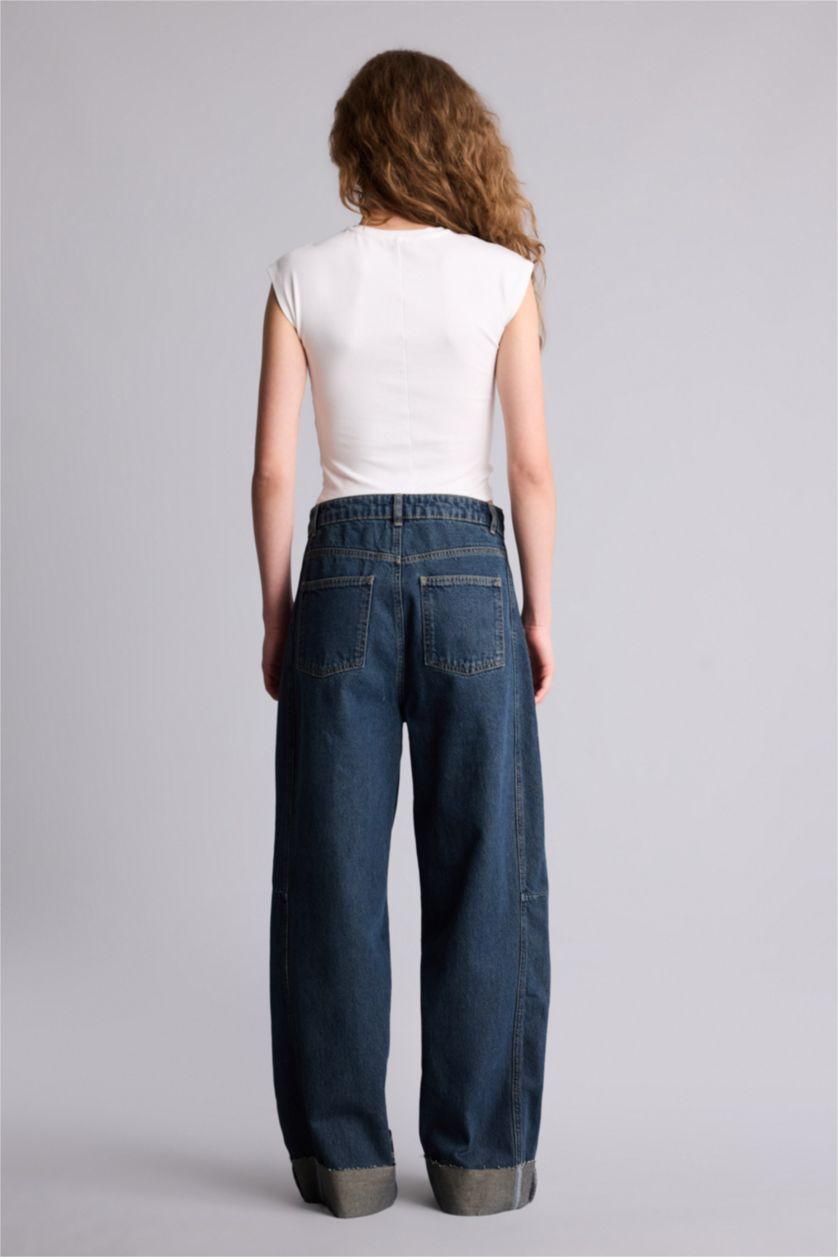 حريمي أزرق بنطلون جينز باريل فيت بحافة مطوية وخصر عالي