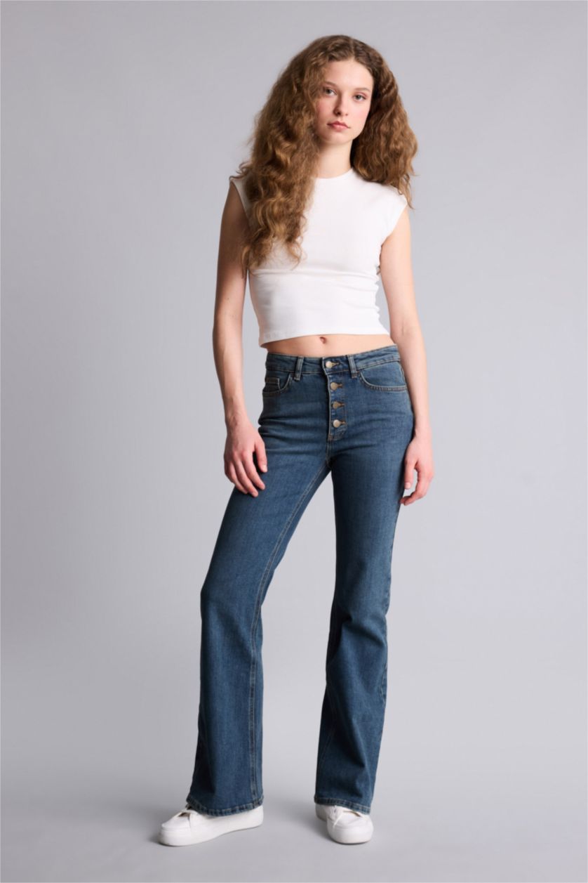 WOMAN Dark Blue Mia Flare Fit Regular Waist Wide Leg Jeans