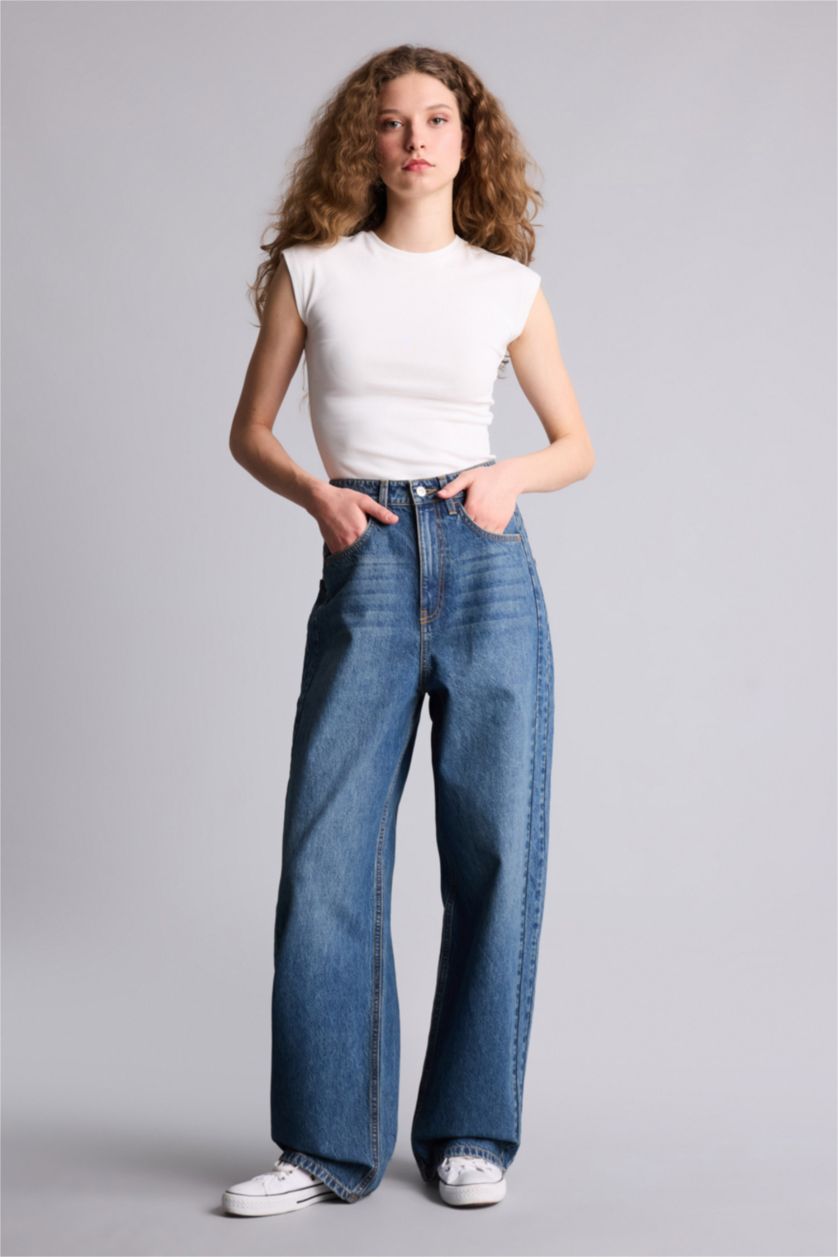 Kadın Koyu Mavi Baggy Fıt Yüksek Bel Düz Paça Uzun Jean Pantolon