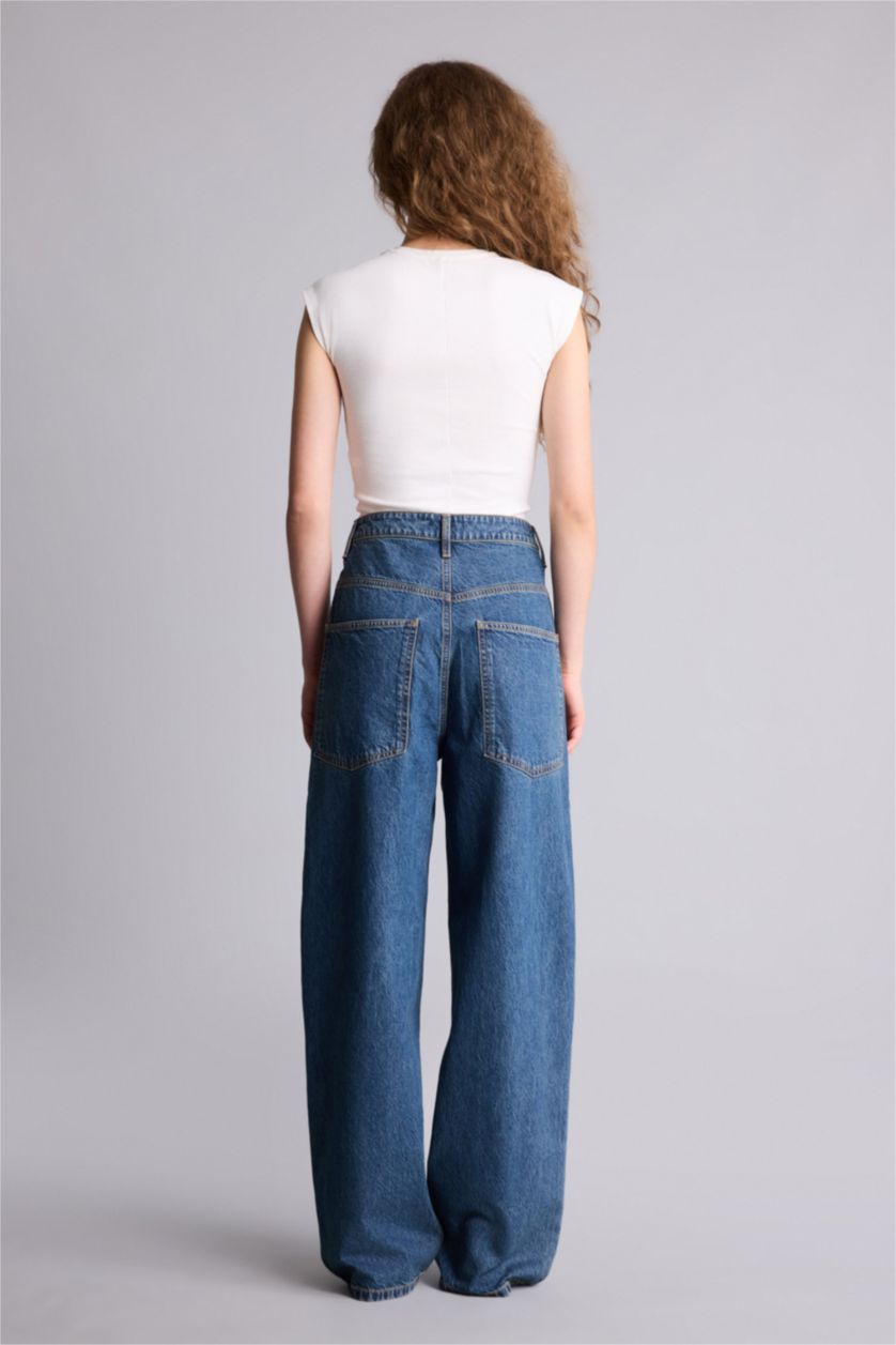 Kadın Koyu Mavi Baggy Fıt Yüksek Bel Düz Paça Uzun Jean Pantolon