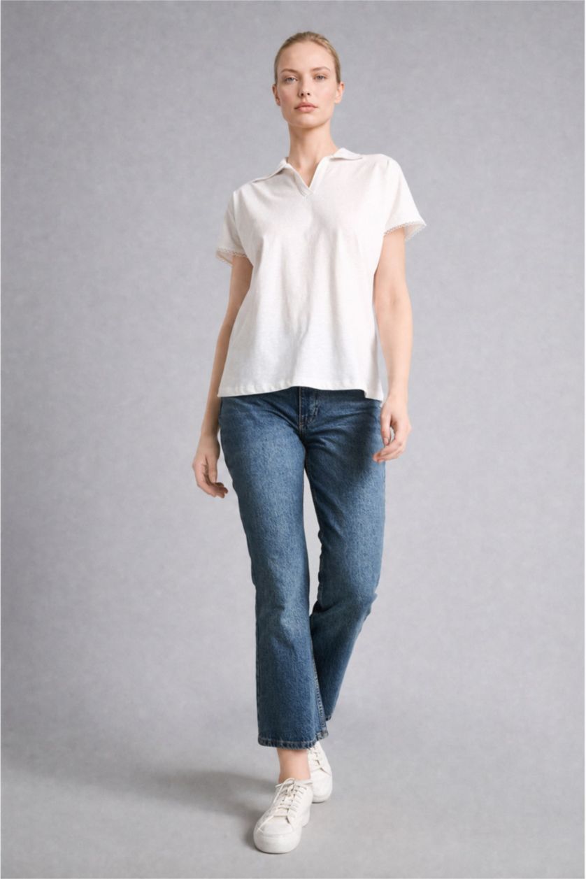 Woman Ecru Regular Fit Flamed Cotton Polo T-Shirt