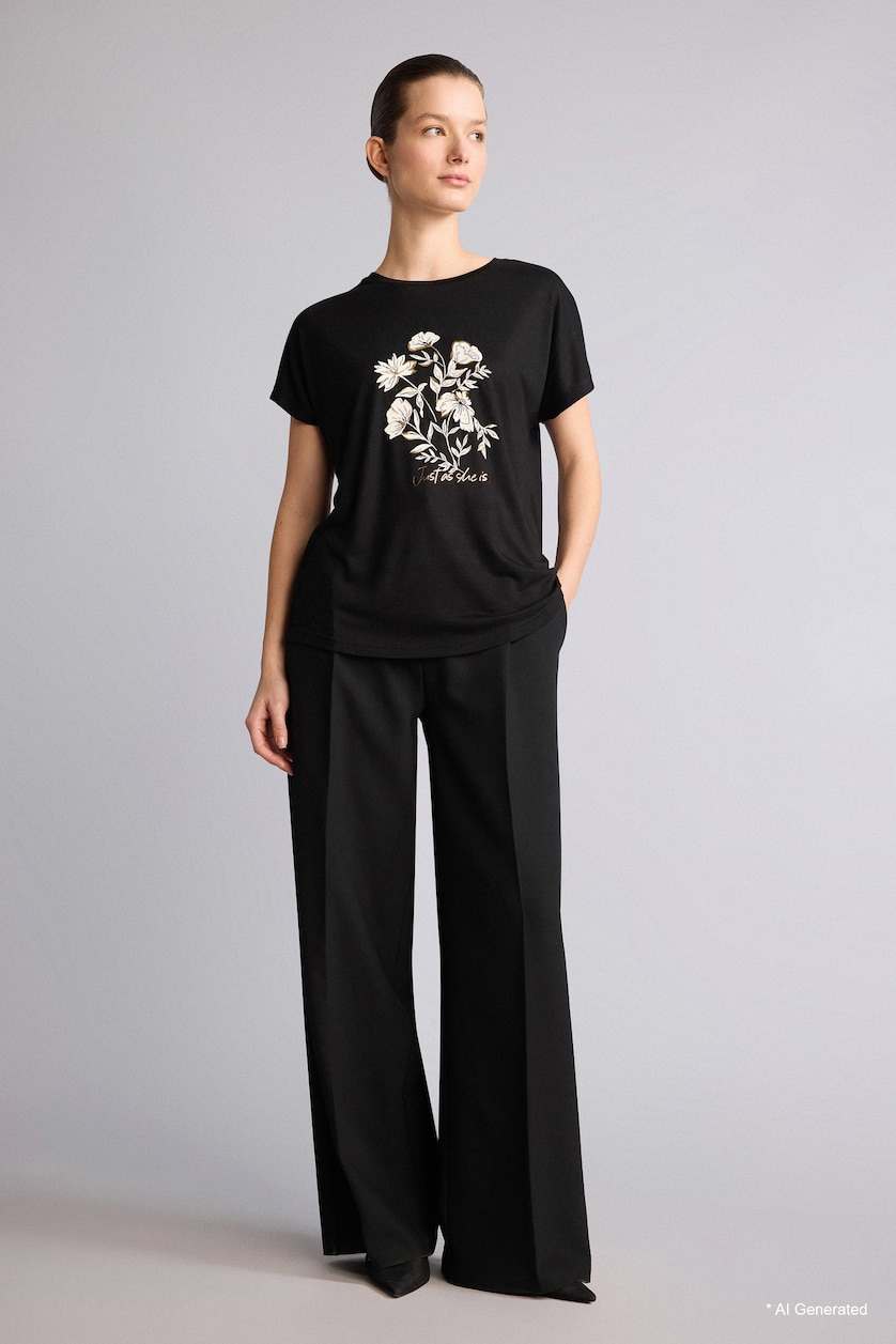 WOMAN Black Crew Neck Flower Short Sleeve T-Shirt