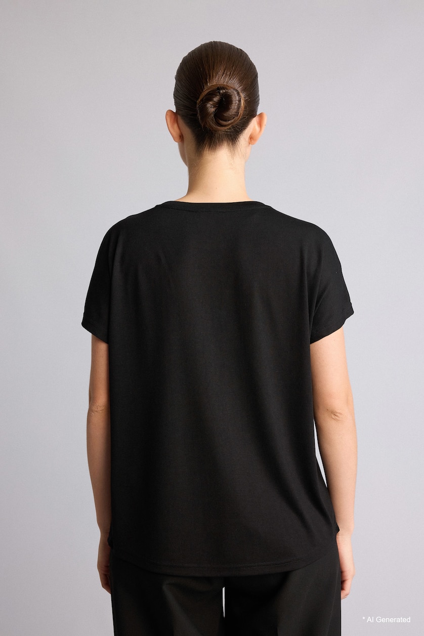 WOMAN Black Crew Neck Flower Short Sleeve T-Shirt