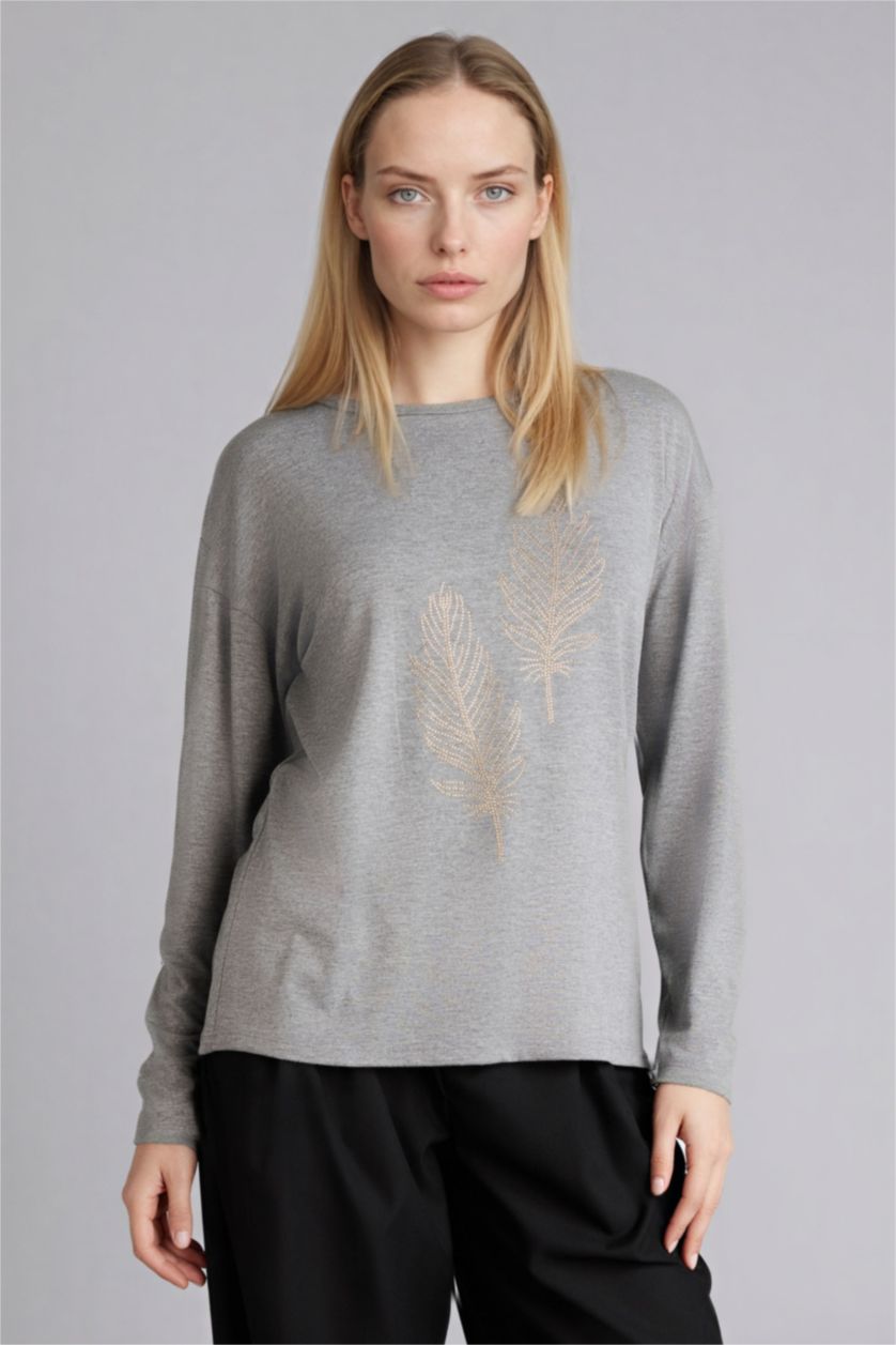 حريمي ميلانج أنثرا تيشيرت كم طويل قصة مريحة وياقة مستديرة