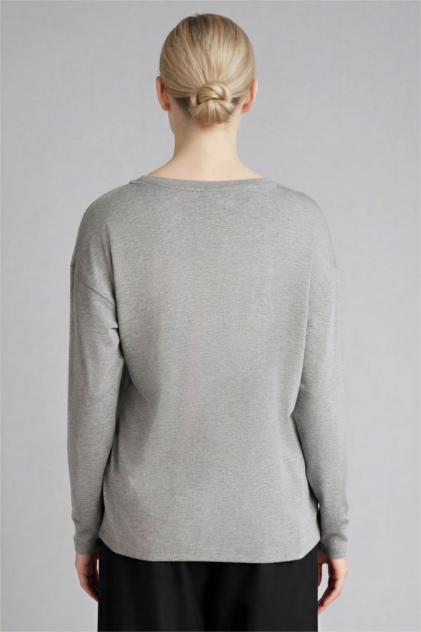 حريمي ميلانج أنثرا تيشيرت كم طويل قصة مريحة وياقة مستديرة