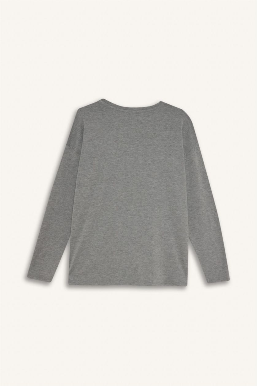 حريمي ميلانج أنثرا تيشيرت كم طويل قصة مريحة وياقة مستديرة