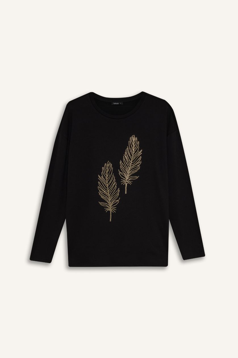 Woman Black تيشيرت ردن طويل قصة مريحة بأحجار