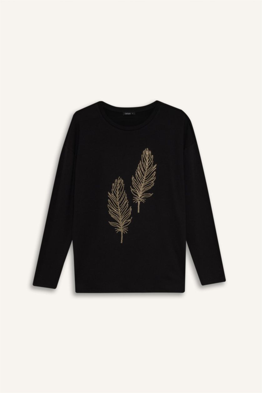 WOMAN Black تيشيرت كم طويل قصة مريحة وياقة مستديرة