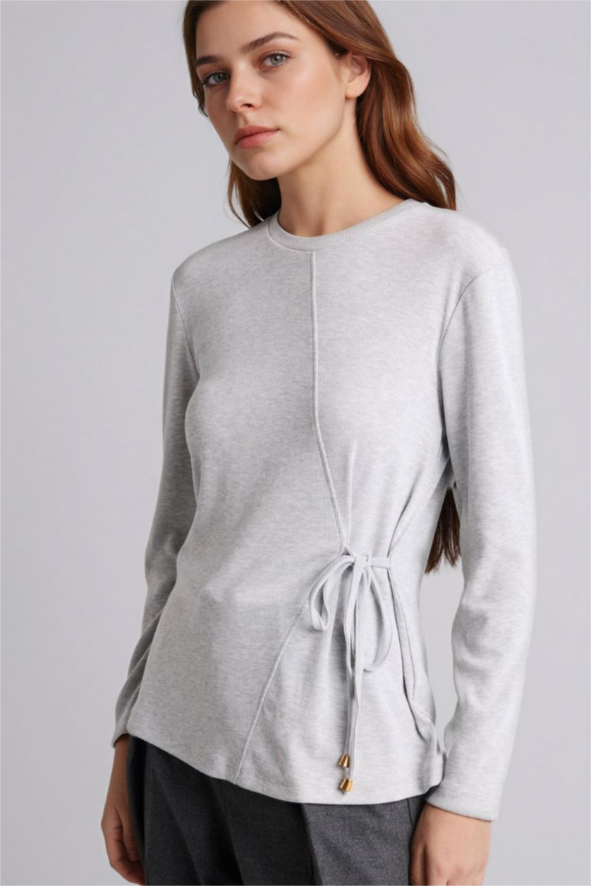 Kadın Gri Melanj Relax Fıt Bağlamalı Tişört