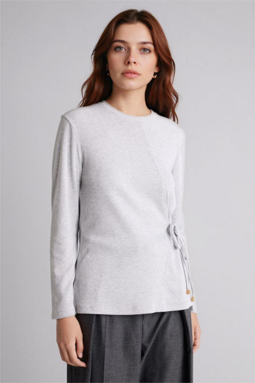 Kadın Gri Melanj Relax Fıt Bağlamalı Tişört