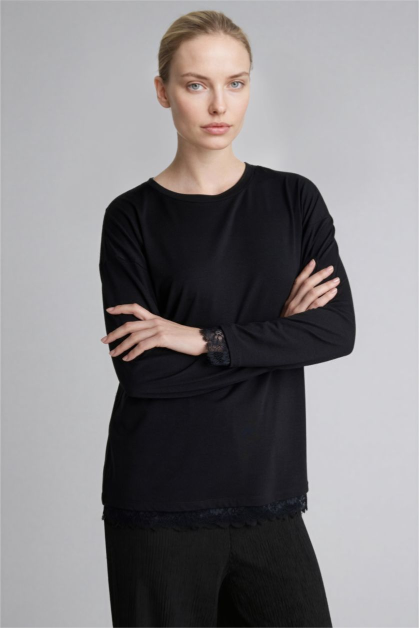 Женщины Черный Футболка Relax Fit с круглым вырезом и длинным рукавом