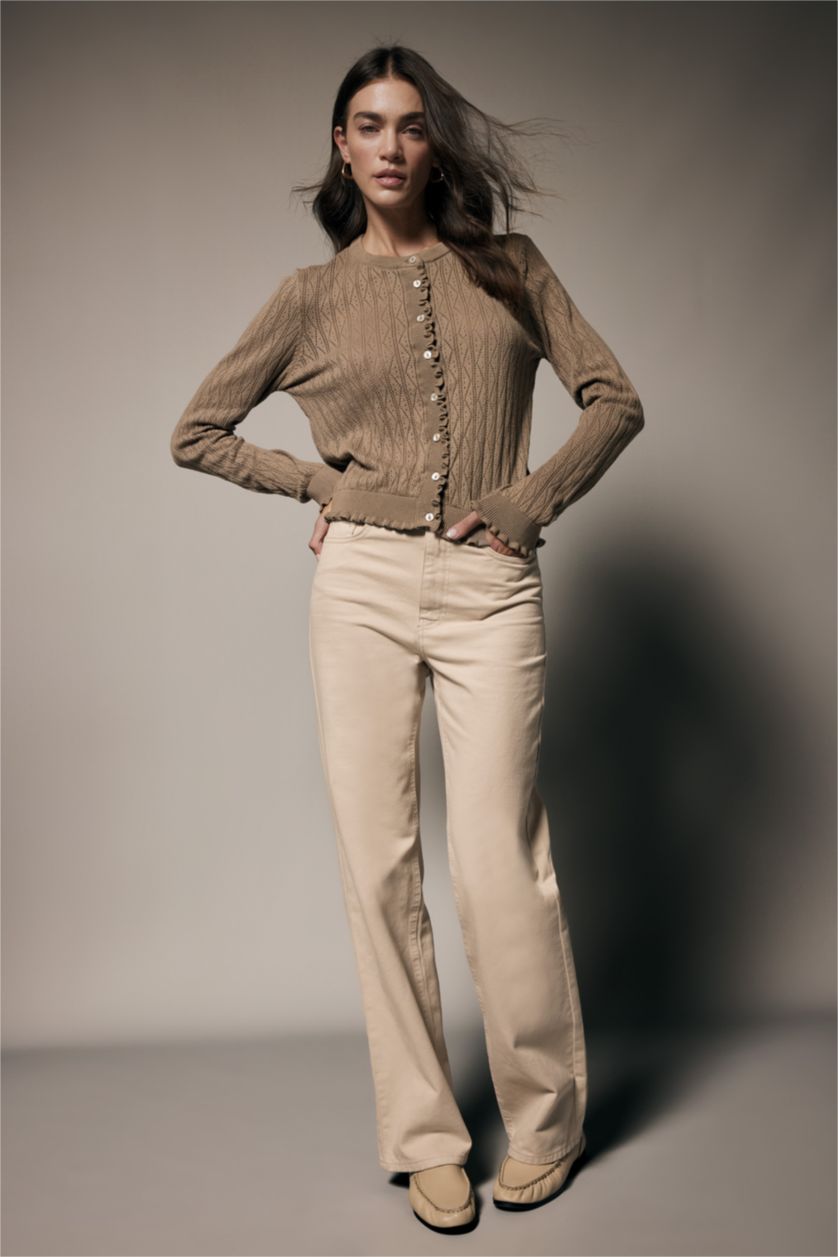 حريمي فيزون داكن كارديجان دانتيل قصة عادية برقبة مستديرة