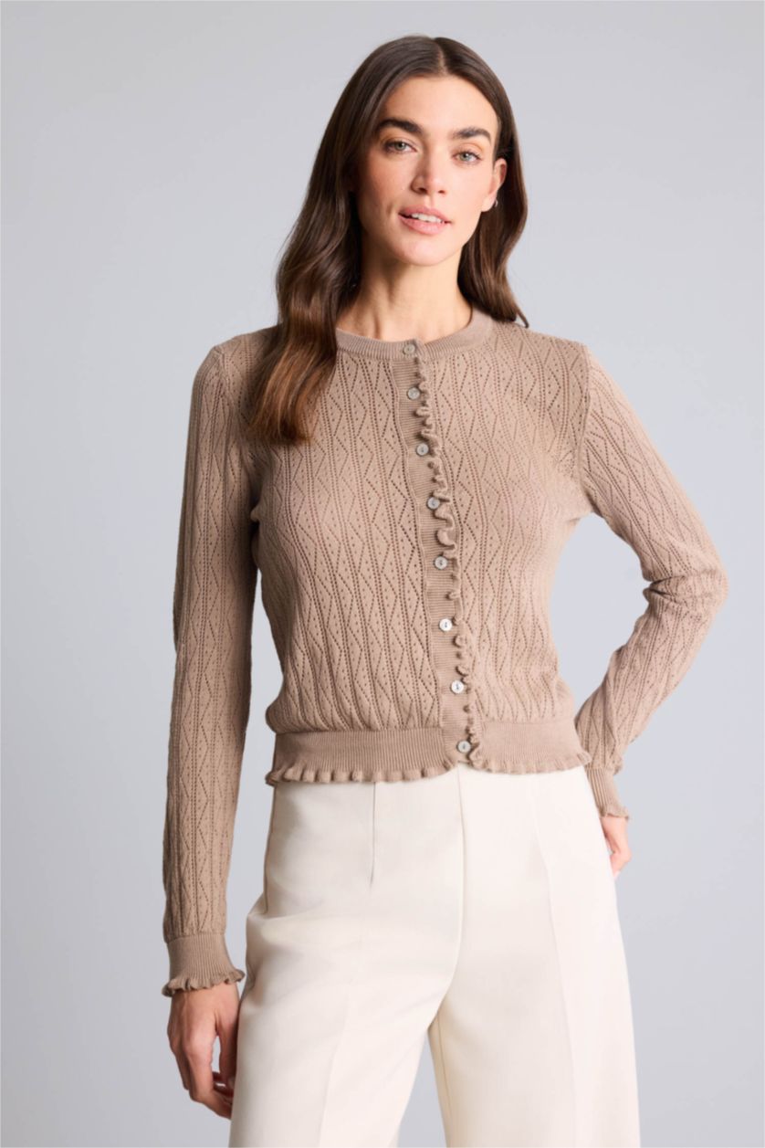 حريمي فيزون داكن كارديجان دانتيل قصة عادية برقبة مستديرة