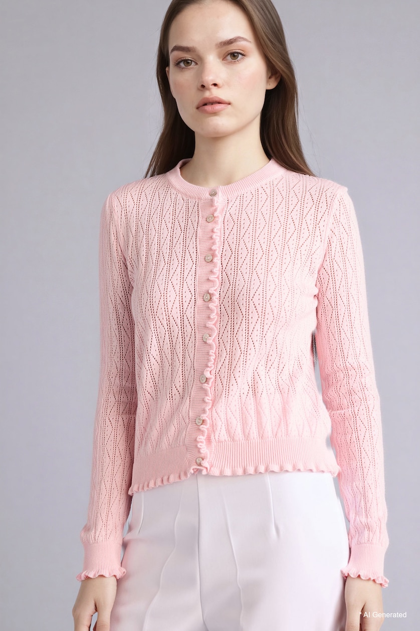 Woman Pink 100% Cotton Regular Fit Lace Cardigan