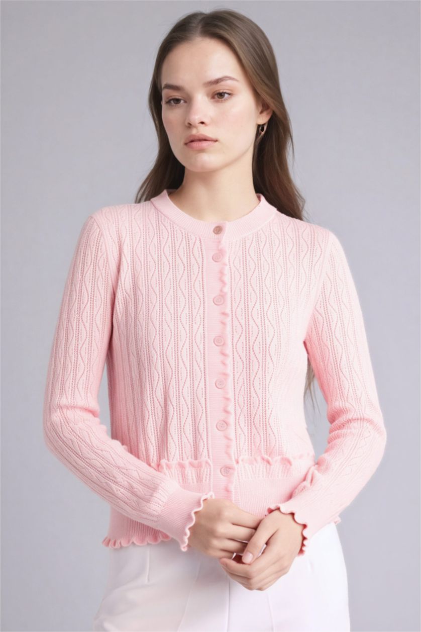 Woman Pink Regular Fit Crew Neck Cardigan