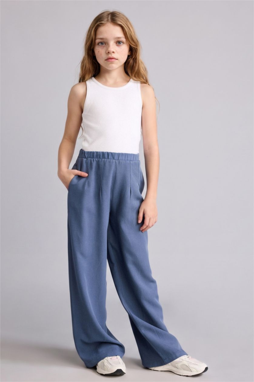 Kız Çocuk - Genç Kız İndigo Wide Leg Keten Karışımlı Pantolon Kız Çocuk