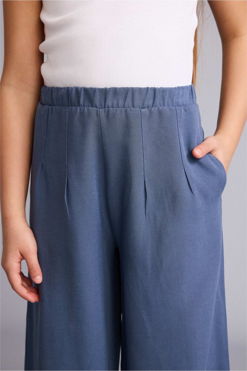 Kız Çocuk - Genç Kız İndigo Wide Leg Keten Karışımlı Pantolon Kız Çocuk
