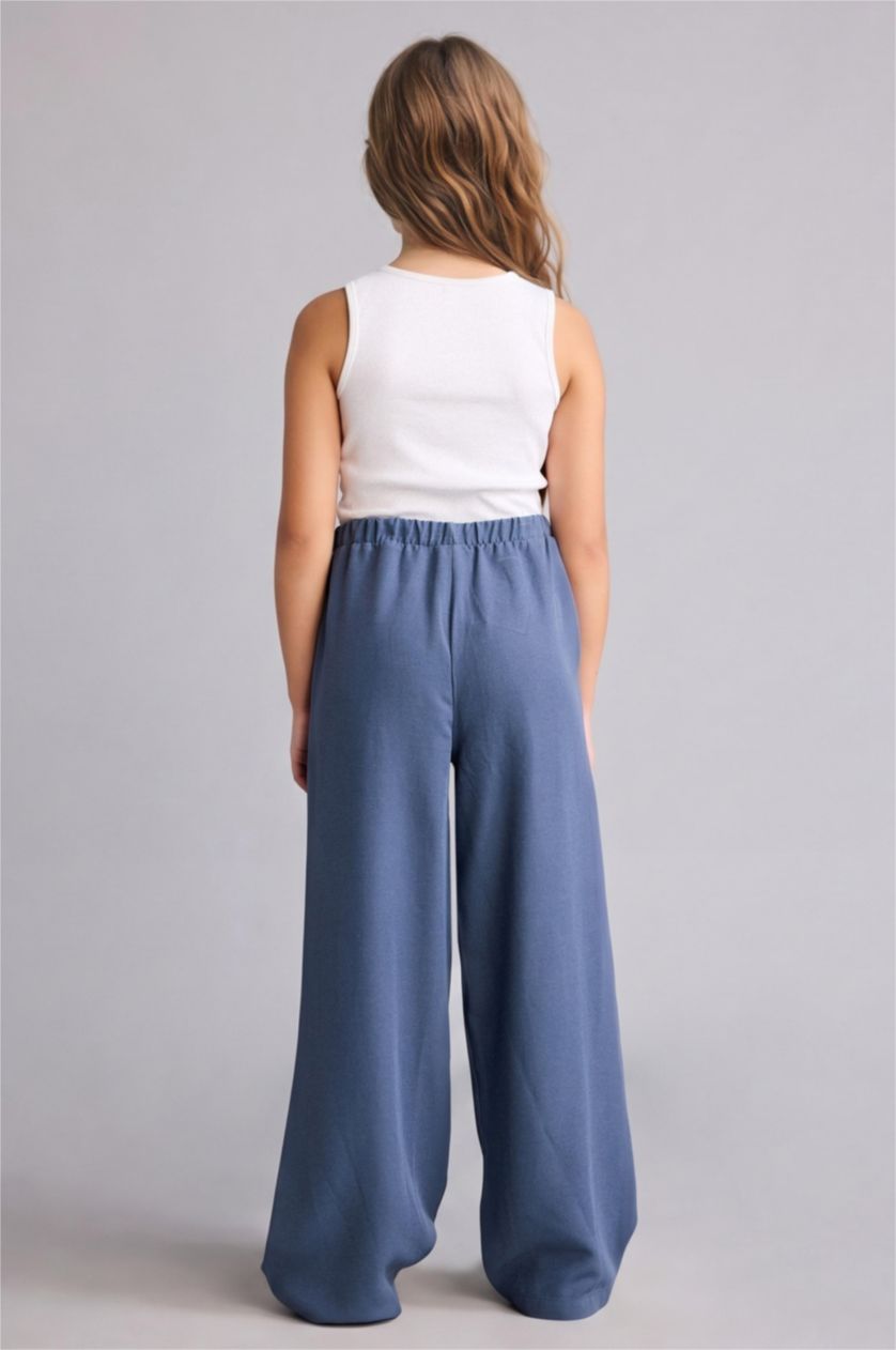 Kız Çocuk - Genç Kız İndigo Wide Leg Keten Karışımlı Pantolon Kız Çocuk