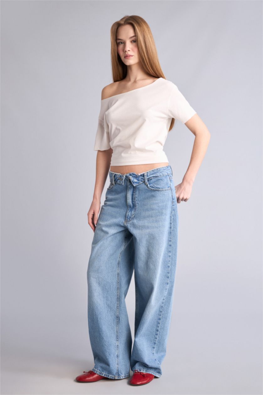 Kadın Mavi Barrel Fit Normal Bel Pantolon