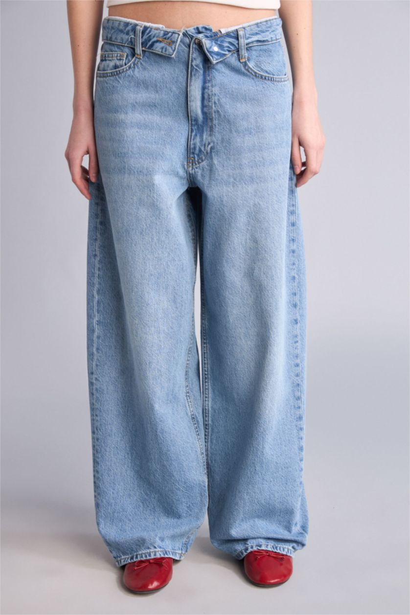 Kadın Mavi Barrel Fit Normal Bel Pantolon