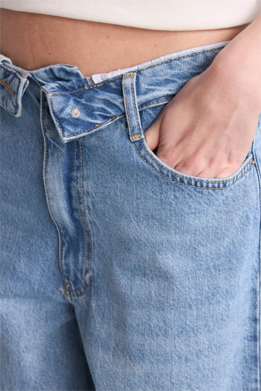 Kadın Mavi Barrel Fit Normal Bel Pantolon