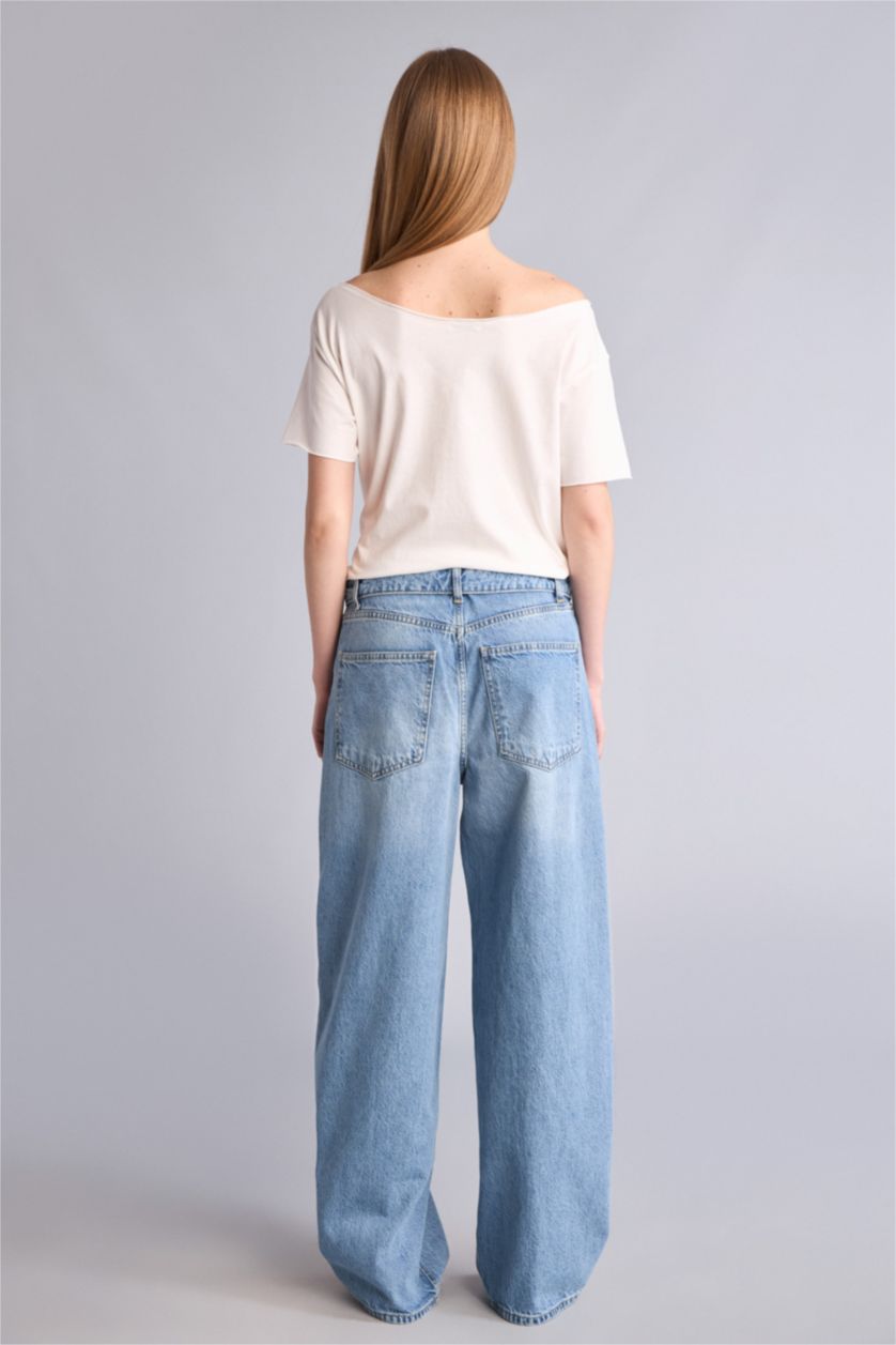 Kadın Mavi Barrel Fit Normal Bel Pantolon