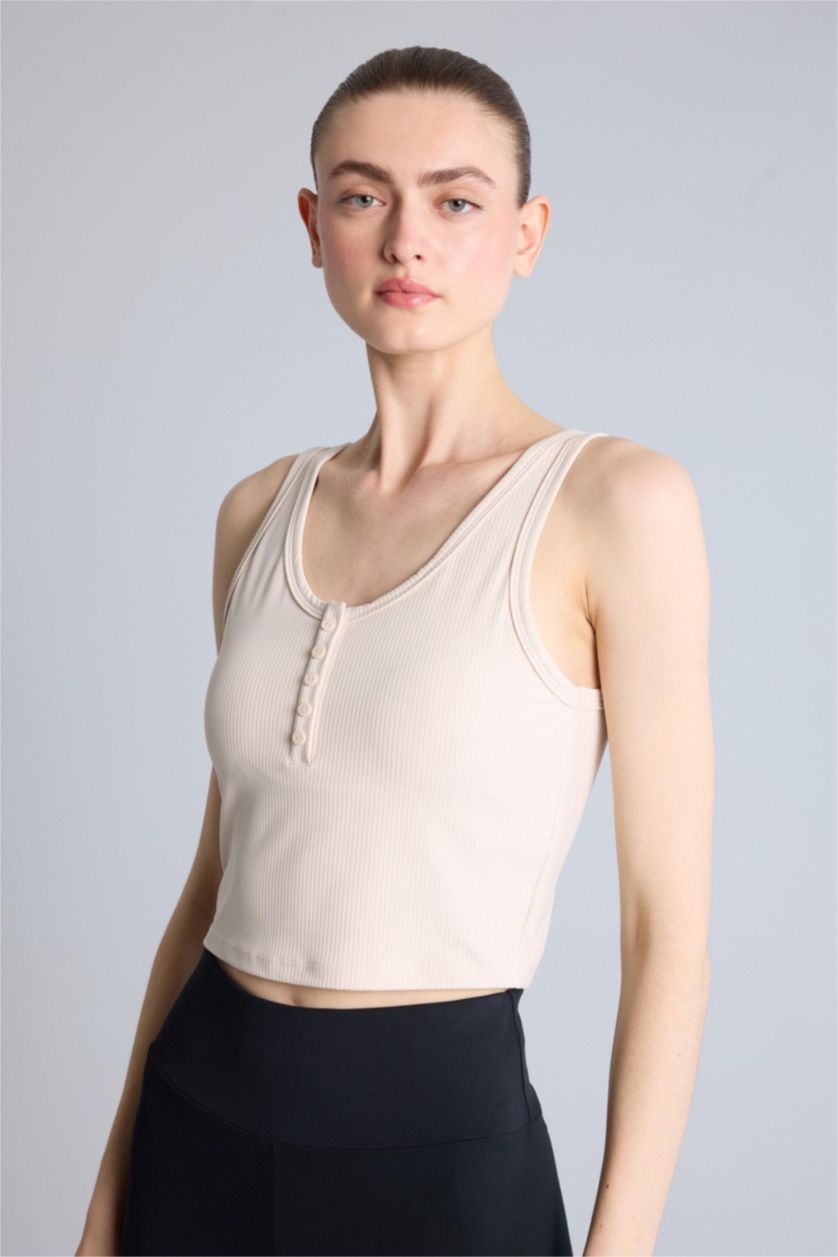WOMAN Light Beige Buttoned Collar Sports Beige Top