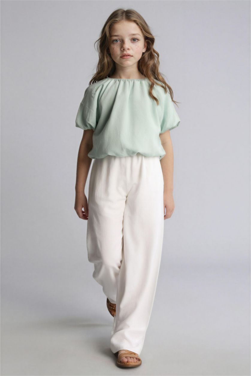 Kız Çocuk - Genç Kız Beyaz Wıde Leg Keten Karışımlı Pantolon