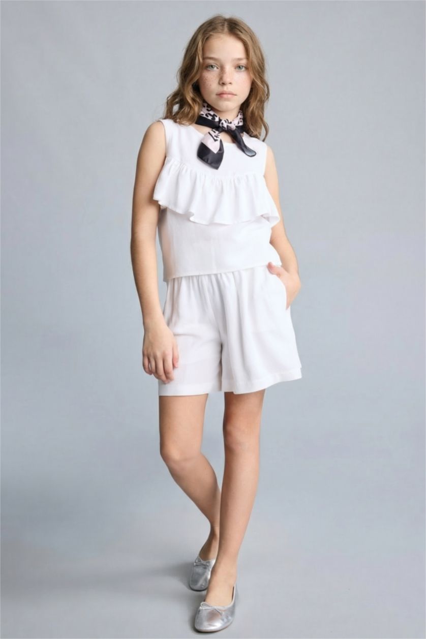 Kız Çocuk - Genç Kız Beyaz Keten Karışımlı Şort Kız Çocuk