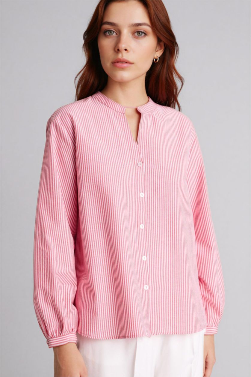 Kadın Kırmızı Regular Fıt Bisiklet Yaka Poplin Uzun Kollu Gömlek