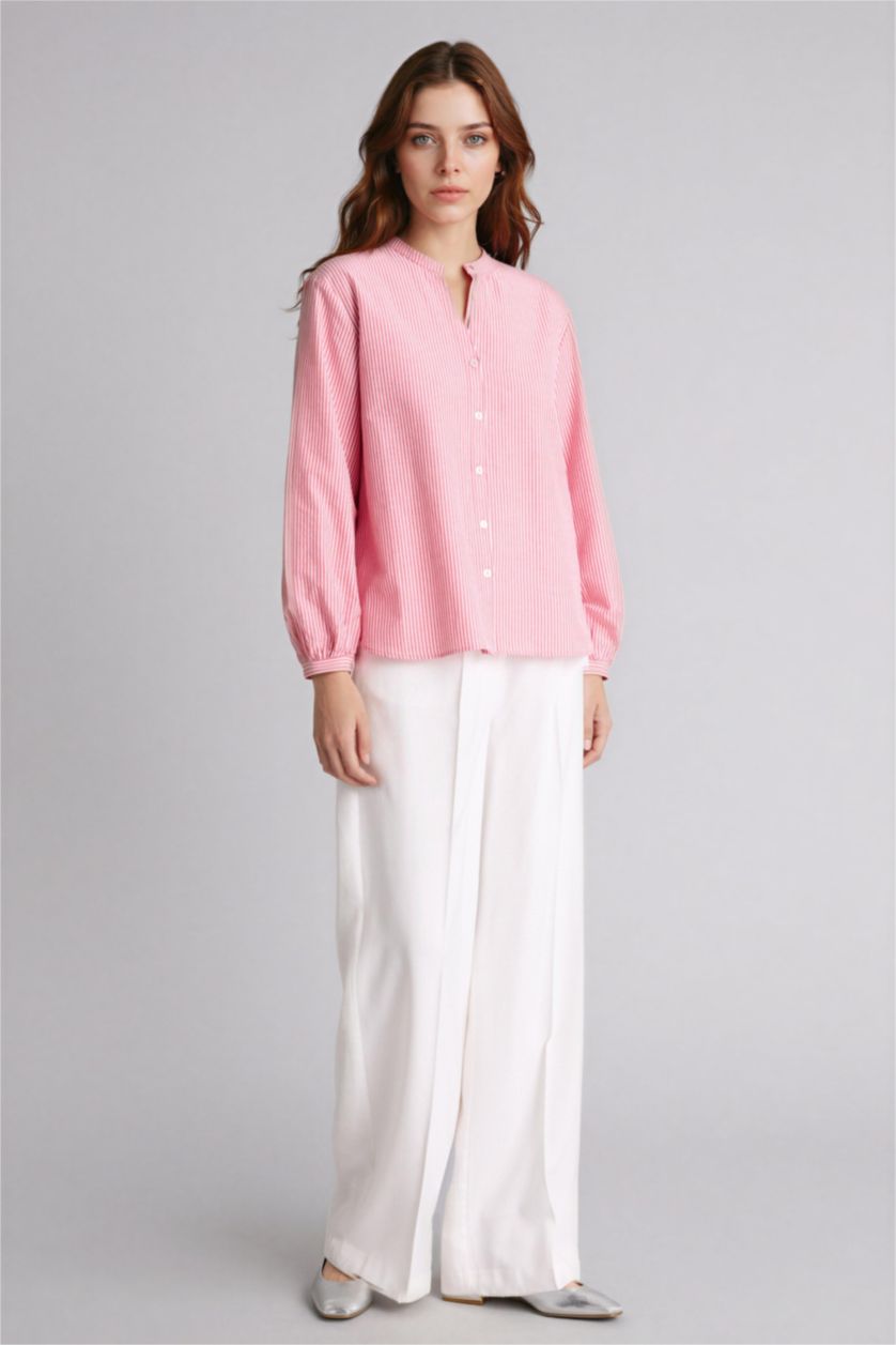 Kadın Kırmızı Regular Fıt Bisiklet Yaka Poplin Uzun Kollu Gömlek